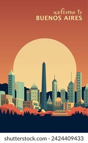 Cartel de la ciudad retro de Buenos Aires Argentina con formas abstractas del horizonte, edificios al atardecer o al amanecer. Ilustración vectorial de viaje vintage para América Latina