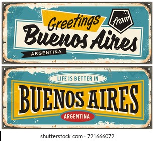 Buenos Aires Argentina retro greeting card template. Vintage travel comic style signs set from South America.