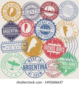 Buenos Aires Argentina Set of Stamps. Travel Stamp. Made In Product. Design Seals Old Style Insignia.