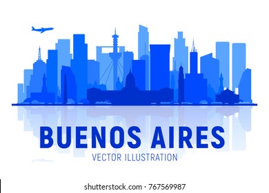 Buenos Aires ( Argentina ) skyline silhouette with panorama in white background. Vector Illustration. Business travel and tourism concept with modern buildings. Image for presentation, banner, web