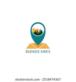 Buenos Aires city map pin point geolocation modern skyline vector logo icon isolated illustration. Argentina pointer emblem with landmarks and building silhouettes