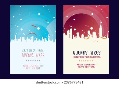 Buenos Aires city poster with Christmas skyline, cityscape, landmarks. Winter Argentina megapolis town holiday, New Year vertical vector layout for brochure, website, flyer, leaflet, card