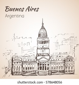 Buenos Aires cityscape. Argentina. Sketch. Isolated on white background