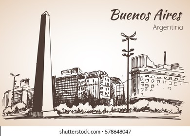 Buenos Aires cityscape with obelisk. Argentina. Sketch. Isolated on white background