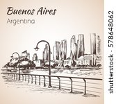 Buenos Aires cityscape seafront.  Argentina. Sketch. Isolated on white background