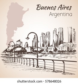 Buenos Aires cityscape seafront.  Argentina. Sketch. Isolated on white background