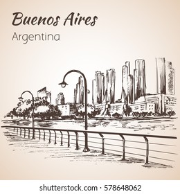 Buenos Aires cityscape seafront.  Argentina. Sketch. Isolated on white background