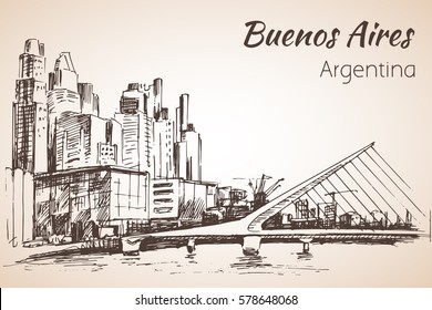 Buenos Aires cityscapewith bridge. Argentina. Sketch. Isolated on white background