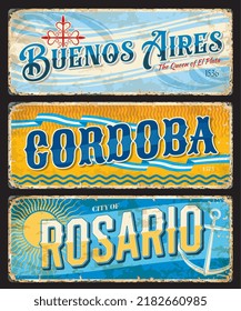 Buenos Aires, Cordoba, Rosario argentine city travel stickers and plates. Argentina city vintage stickers or shabby postcards. South America voyage destination vector tin sign or banner, travel plate