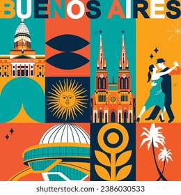 Buenos Aires culture travel night set, famous architectures specialties in flat design. Business Argentinian tourism concept clipart. Image presentation, banner, website, advert, flyer, roadmap, icon