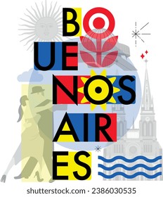 Buenos Aires culture travel night set, famous architectures specialties in flat design. Business Argentinian tourism concept clipart. Image presentation, banner, website, advert, flyer, roadmap, icon