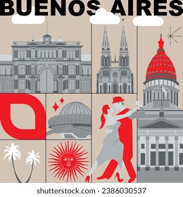 Buenos Aires culture travel night set, famous architectures specialties in flat design. Business Argentinian tourism concept clipart. Image presentation, banner, website, advert, flyer, roadmap, icon