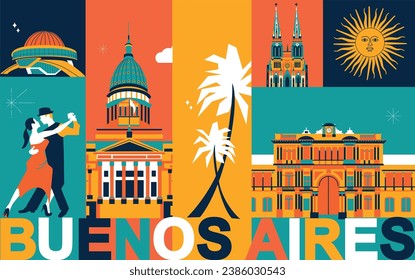 Buenos Aires culture travel night set, famous architectures specialties in flat design. Business Argentinian tourism concept clipart. Image presentation, banner, website, advert, flyer, roadmap, icon