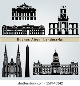 Buenos Aires landmarks and monuments isolated on blue background in editable vector file