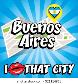Buenos Aires. I Love That City. Vector Illustration with country flag.