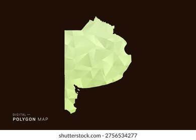 Buenos Aires Map - Low poly polygon map in soft light green gradient on dark brown background, modern minimal geometric style, clean abstract vector illustration design.
