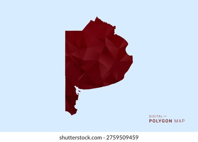 Buenos Aires Map - Low poly polygon map in deep red gradient on light blue background, modern minimal geometric design, vector illustration with faceted triangulated style.