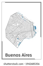 Buenos Aires map poster, administrative area plan view. Black, white and blue detailed design map of Buenos Aires city with rivers and streets. Outline silhouette of metropolitan cityscape.