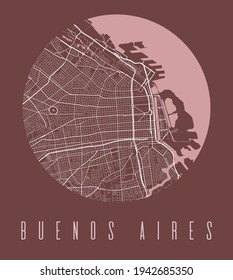 Buenos Aires map poster. Decorative design street map of Buenos Aires city. Cityscape aria panorama silhouette aerial view, typography style. Land, river, highways, avenue. Round circular vector.