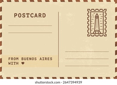 From Buenos Aires postal card template. Vector grungy vintage style postcard illustration with stamp, obelisk landmark, message. Simple flat greetings image layout