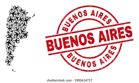 Buenos Aires rubber seal, and Argentina map collage of jet vehicle items. Collage Argentina map constructed of jet vehicles. Red seal with Buenos Aires text, and unclean rubber texture.