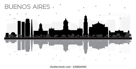 Buenos Aires skyline black and white silhouette with reflections. Vector illustration. Simple flat concept for tourism presentation, banner, placard or web site. Cityscape with landmarks.