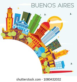 Buenos Aires Skyline with Color Landmarks, Blue Sky and Copy Space. Vector Illustration.