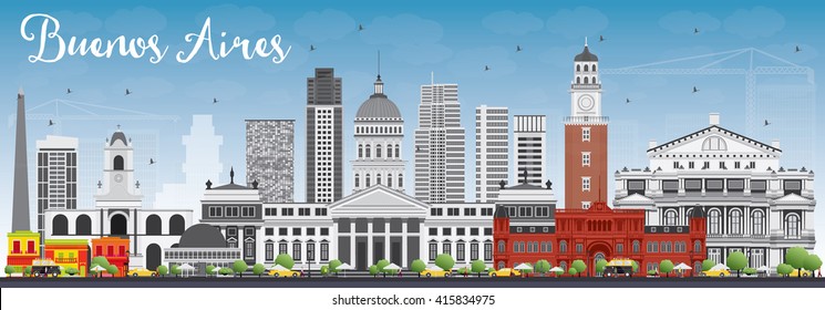 Buenos Aires Skyline with Color Landmarks and Blue Sky. Vector Illustration. 