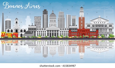 Buenos Aires Skyline with Color Landmarks, Blue Sky and Reflections. Vector Illustration. 