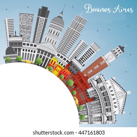 Buenos Aires Skyline with Color Landmarks, Blue Sky and Copy Space. Vector Illustration.