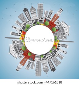 Buenos Aires Skyline with Color Landmarks, Blue Sky and Copy Space. Vector Illustration.
