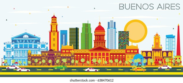 Buenos Aires Skyline with Color Landmarks and Blue Sky. Vector Illustration.