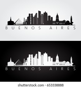 Buenos Aires skyline and landmarks silhouette, black and white design, vector illustration. 