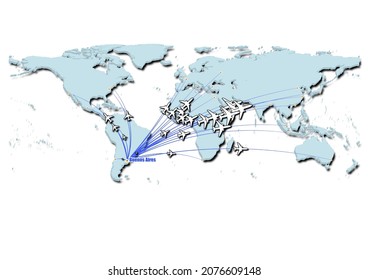 Buenos Aires-Argentina in concept vector illustration, map showing flights from Buenos Aires-Argentina to major cities around the world.