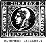 Buenos Ayres Stamp (4 reales) from 1860, a small adhesive piece of paper was stuck to something to show an amount of money paid, mainly a postage stamp, vintage line drawing or engraving illustration.