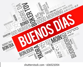 Buenos Dias (Good Morning in Spanish) word cloud in different languages, conceptual background