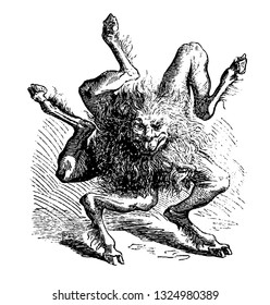 Buer, second class demon and president of hell in the shape of star or wheel with five branches who advance by rolling on itself, vintage engraved line art illustration. Infernal Dictionary 1863.