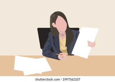Buetiful working woman explains something on paper about her business document with pen
