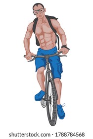 Buff man in blue shorts and shoes, with a backpack, glasses and watch riding the bike. Vector