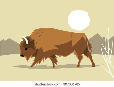A buffalo (American bison) on a stylized grasslands background