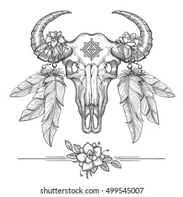 Buffalo or american bison skull on tribal boho style. American Indians dead cow head vector illustration