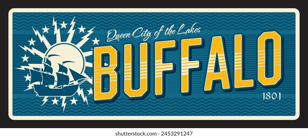 Buffalo American City Placa y EE.UU. etiqueta de viaje. Letrero de lata de viaje americano, pegatina de Vector de la ciudad de EE.UU. o postal de recuerdo. Placa de los Estados Unidos con el sello de la ciudad o símbolo de la bandera, barco y bandera