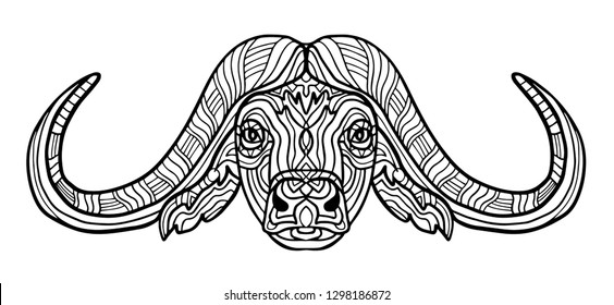 Buffalo animal coloring book for adults raster illustration. Anti-stress coloring for adult. Zentangle style. Black and white lines. Lace pattern. Collection of animals.