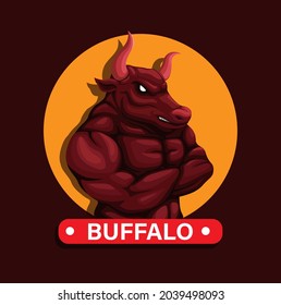 Buffalo animal mascot with muscle arms folded figure character illustration vector 