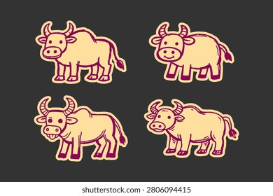 Buffalo animal set featuring cute cartoon bull characters in a hand drawn doodle style isolated on a dark background for creative graphic design projects today