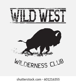 buffalo attack silhouette.On white background.Wild west vector prints design for t-shirts