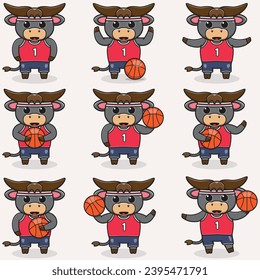 Juego de Búfalo de Baloncesto. Búfalo gracioso haciendo baloncesto. Conjunto de vectores de caracteres de dibujos animados personalizados aislados en un fondo blanco. Deporte animal de dibujos animados. Caricatura animal. 