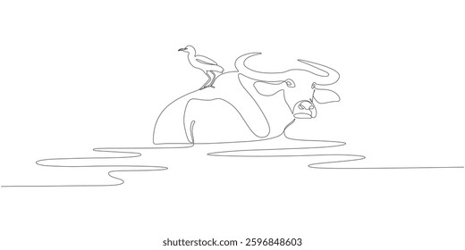 Buffalo and Bird in the River — Minimalist Line Art Illustration