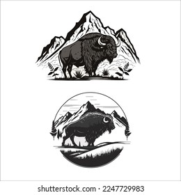 buffalo or Bison logo in the  Rocky Mountain background vintage retro design Vector