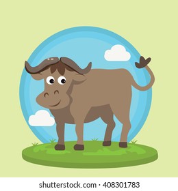 buffalo bison smile character fun cartoon vector illustration animal wild in grass friendly